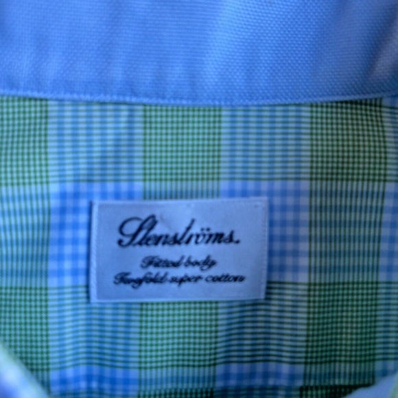 Stenstroms fitted body green & blue checkered 2 fold cotton shirt Sz 19/ 48 - Picture 4 of 10